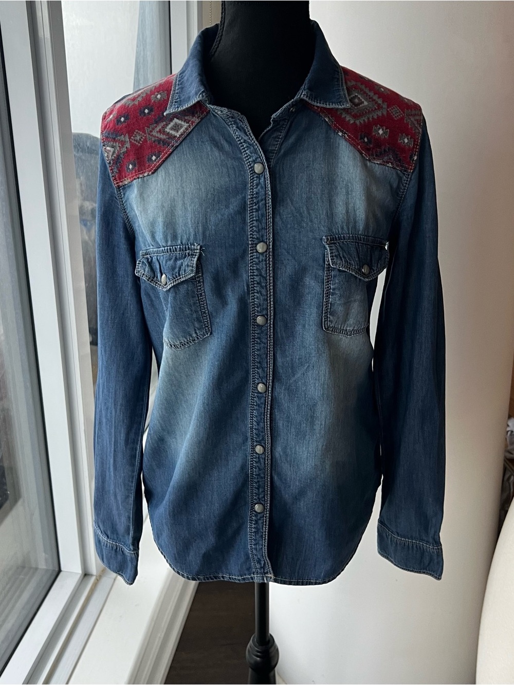 Like New! Denim Western Shirt with Red Patterned Yoke